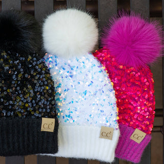 CC Sequin Fur Pom Beanie