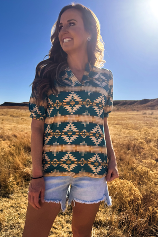 Turquoise Twist Aztec Top