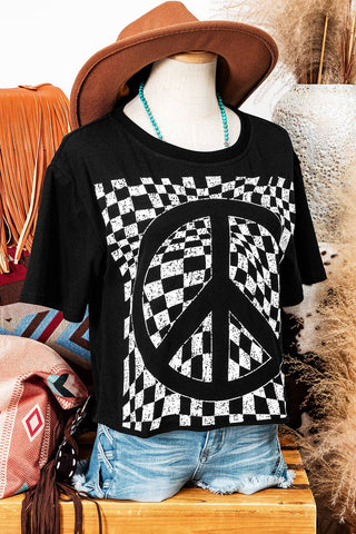 Fashion-W Checkerboard Peace Sign Printed Round Neck T Shirt