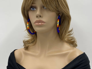 Handmade Native Style 3 Inch Hoop Earrings with Czech Seed Beads - Deep Blue