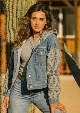 Ladies Denim with Aztec Fashion Jacket with Hood-L-25914