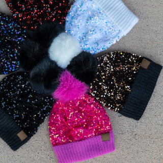 CC Sequin Fur Pom Beanie