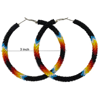Black Fire Beaded Hoop Earrings, 3-Inch Czech Seed Beads, Native-Inspired Statement