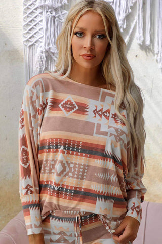 Multicolour Aztec Print Puff Sleeve Pullover and Pants Loung