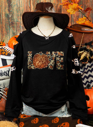 Halloween Pumpkin Cutout Leopard sleeve sweatshirt.