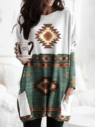 Aztec Ethnic Geometric Print Contrast Long Sleeves Tunic Sweatshirt - The Fringe Spa'Tique